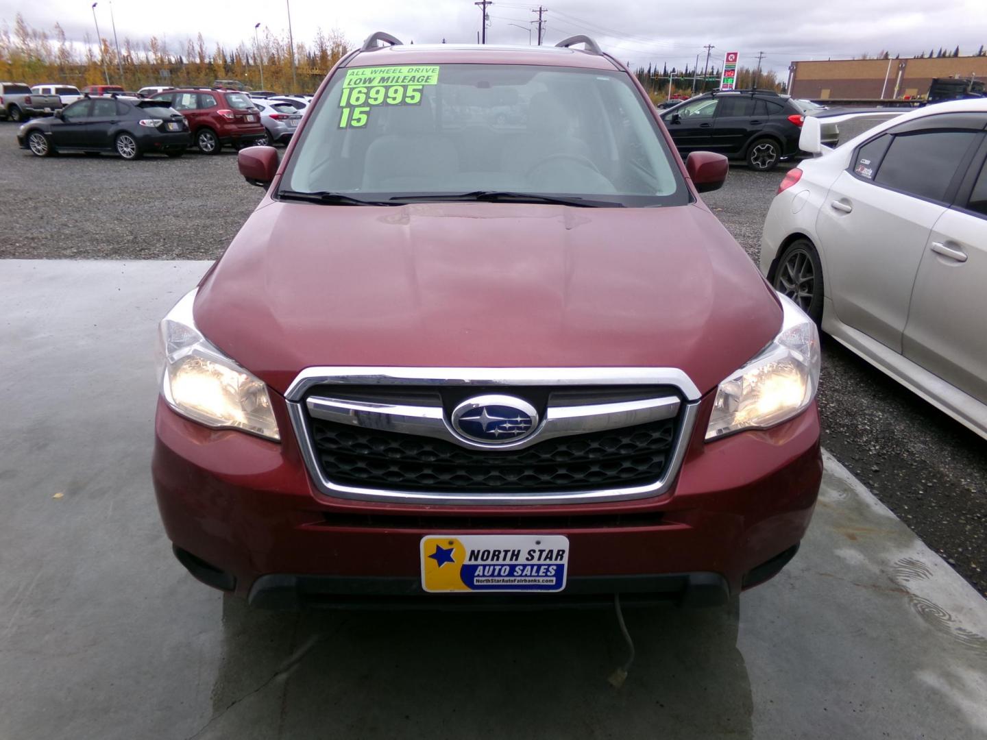 2015 Red /Black Subaru Forester 2.5i Premium (JF2SJADC5FH) with an 2.5L H4 SOHC 16V engine, 6-Speed Automatic transmission, located at 2630 Philips Field Rd., Fairbanks, AK, 99709, (907) 458-0593, 64.848068, -147.780609 - Photo#1